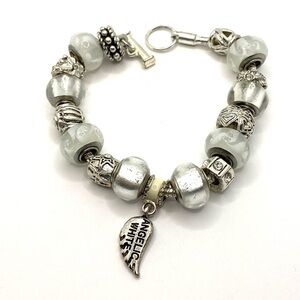 Charm Bracelet White Glass Beads Silver Tone 8”
